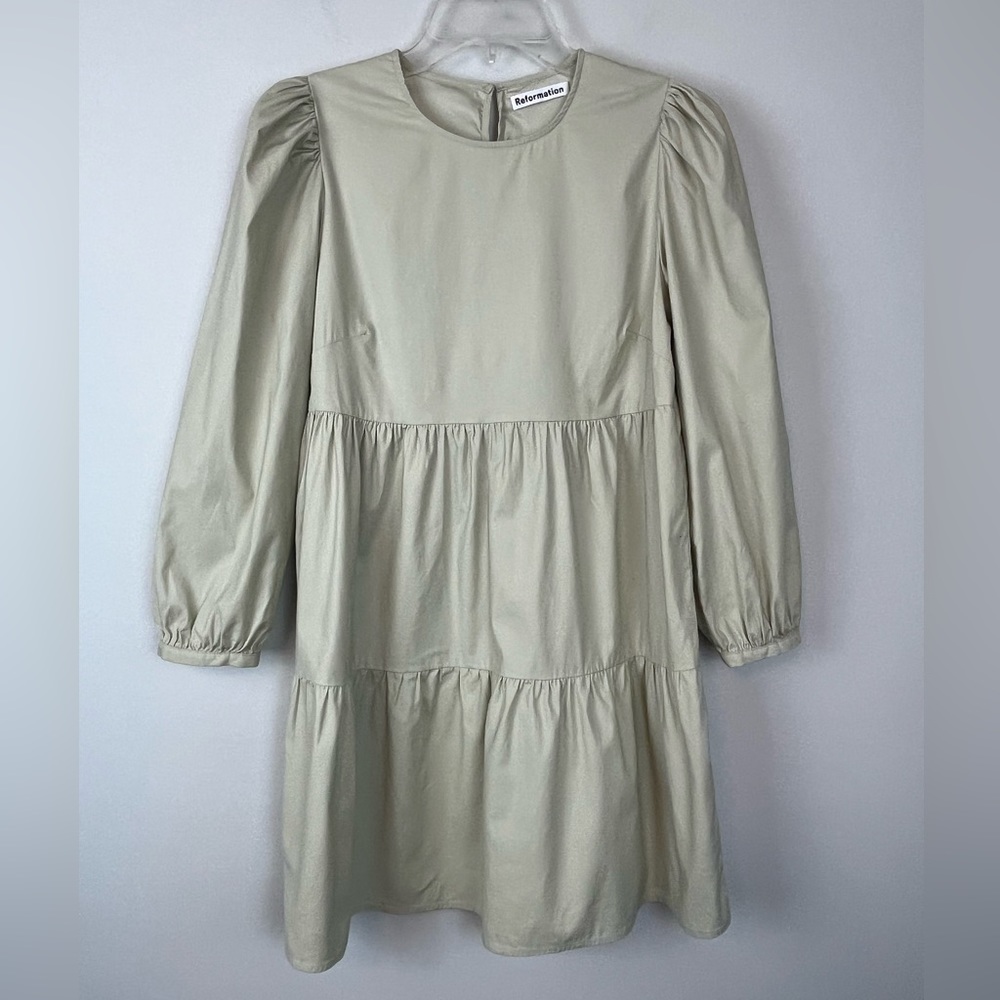 Reformation Sage Green Puff-Sleeve Mini Dress